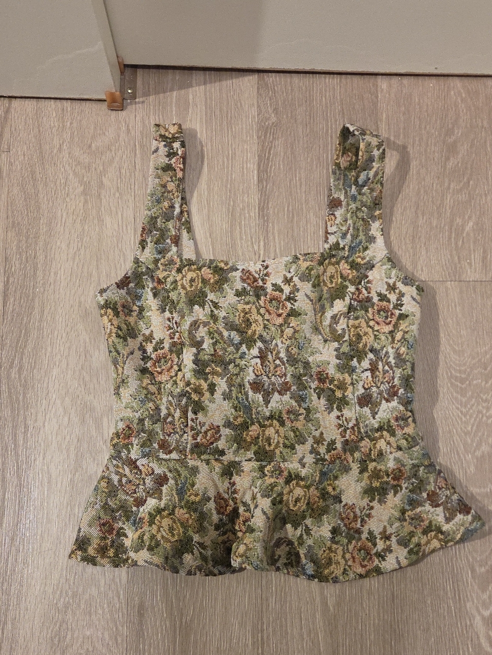 Vici Floral Tapestry Peplum Tank Top - Green, Brown, Cream